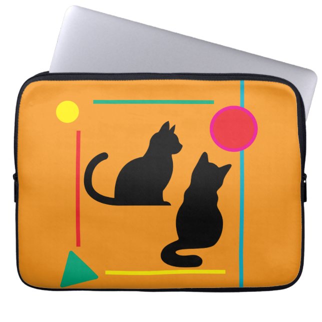 Black Cats & Geo Pattern Orange Electronics Bag Laptopschutzhülle (Vorderseite)