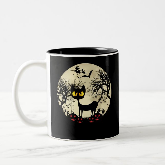 Black Cats Moon Pumpkin Funny Halloween Horror Zweifarbige Tasse (Links)