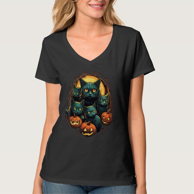 Black Cats Moon Pumpkin  Halloween Horror 2 T-Shirt (Vorderseite)