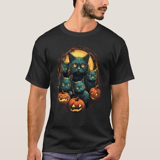 Black Cats Moon Pumpkin  Halloween Horror 2 T-Shirt (Vorderseite)