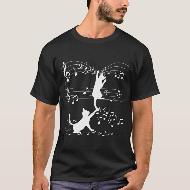 Black Cats Playing With Music Note Cat T-Shirt (Vorderseite)