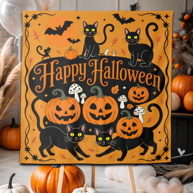 Black Cats Pumpkins und Bats Frohe Halloween Wandteppich (Von Creator hochgeladen)