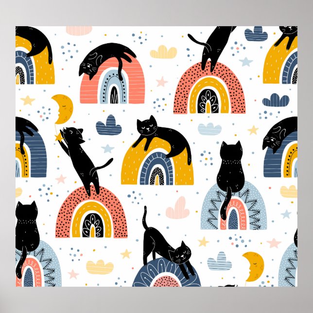 Black Cats Rainbows Fantasy Pattern Poster (Vorne)