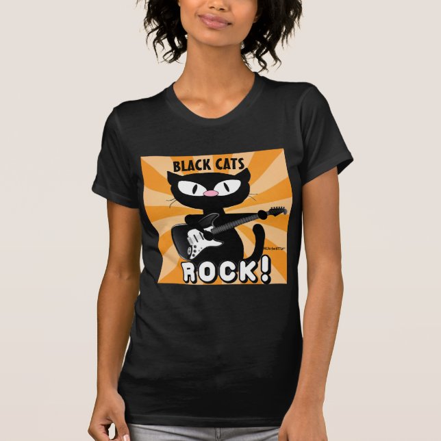 BLACK CATS ROCK! Schwarzer Cartoon Cat Playing Git T-Shirt (Vorderseite)