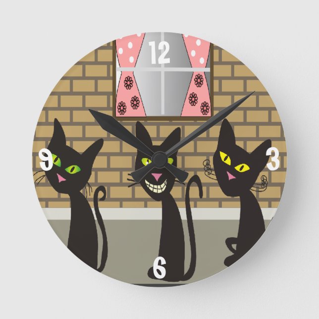 Black Cats Whimsical Clock Runde Wanduhr (Vorderseite)