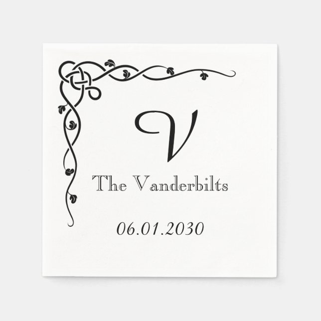 Black Celtic Knot Corner Vine Monogram Wedding Serviette (Vorderseite)