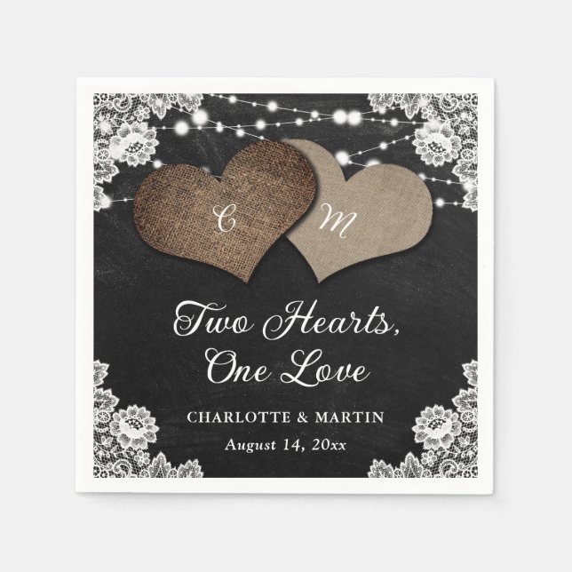 Black Chalkboard Burlap Lace Monogram Wedding Serviette (Vorderseite)