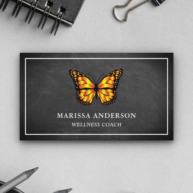 Black Chalkboard Elegantes Orange Monarch Butterfl Visitenkarte (Von Creator hochgeladen)