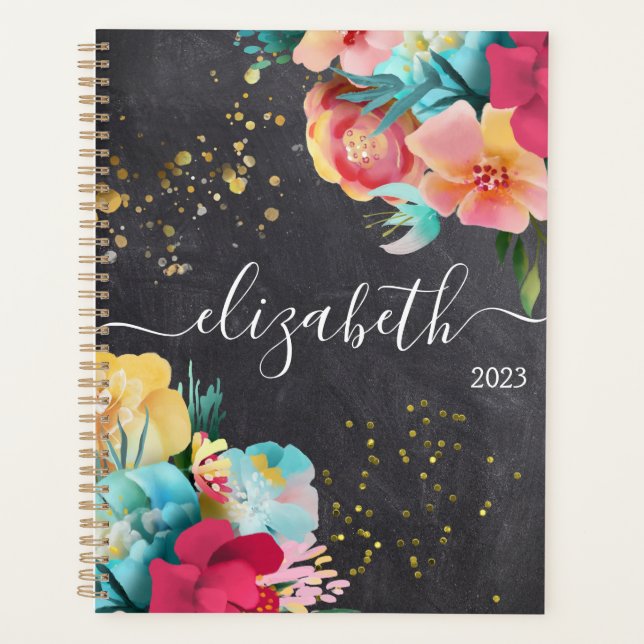 Black Chalkboard Floral Girl Nom Chaque année (Devant)