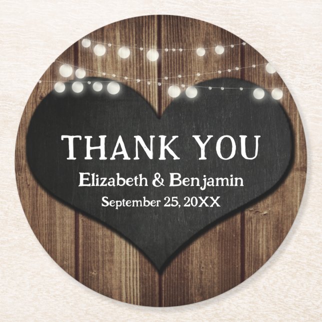 Black Chalkboard Heart Wood Wedding Vielen Dank Runder Pappuntersetzer (Vorderseite)