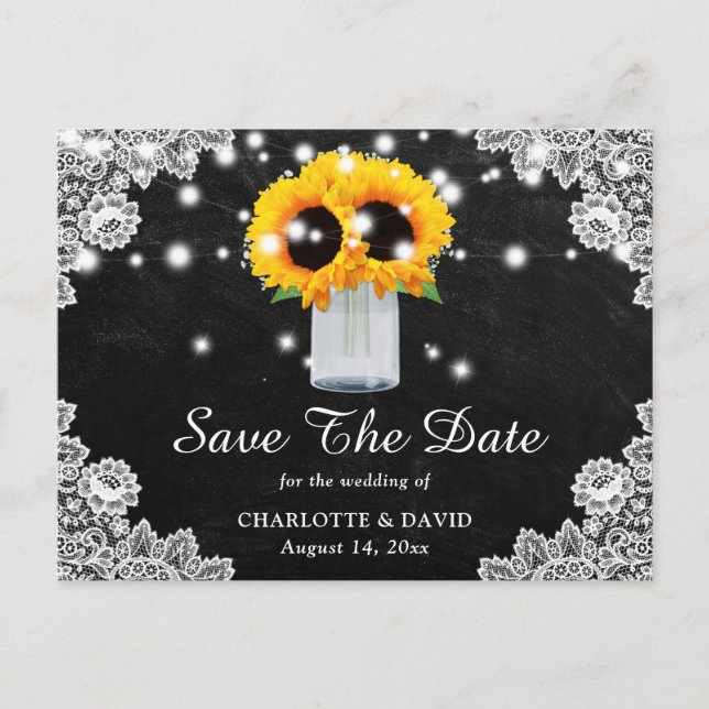 Black Chalkboard Lace Sunflower Save the Date Ankündigungspostkarte (Vorderseite)