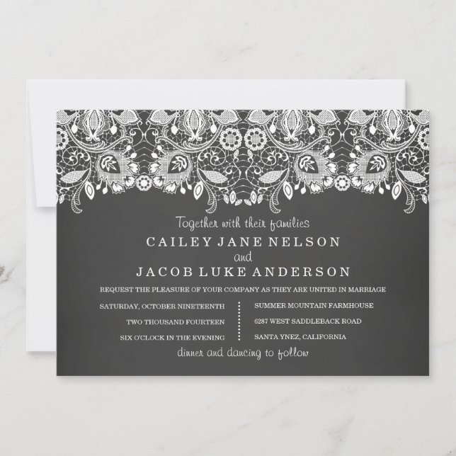 Black Chalkboard & Lace Wedding Einladung (Vorderseite)