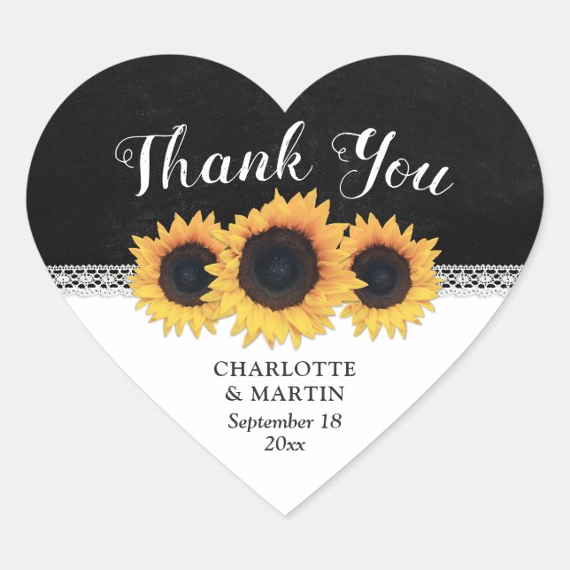 Black Chalkboard Sonnenblume Hochzeit Vielen Dank Herz-Aufkleber (Vorderseite)
