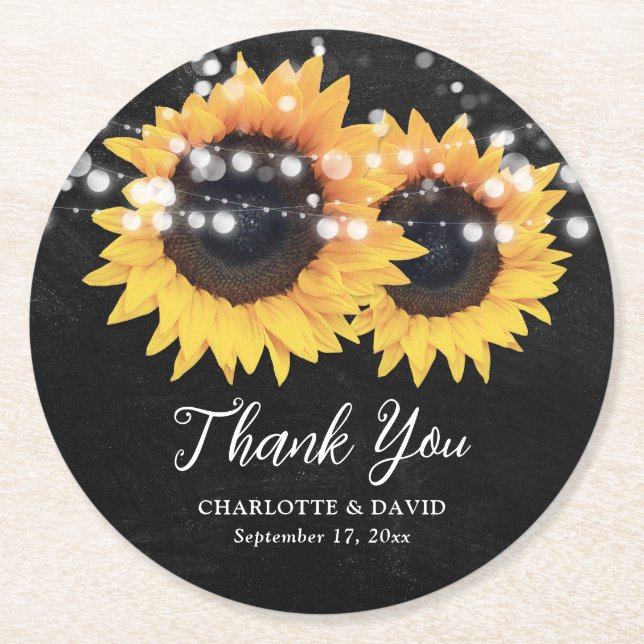 Black Chalkboard Sonnenblume Hochzeit Vielen Dank Runder Pappuntersetzer (Vorderseite)