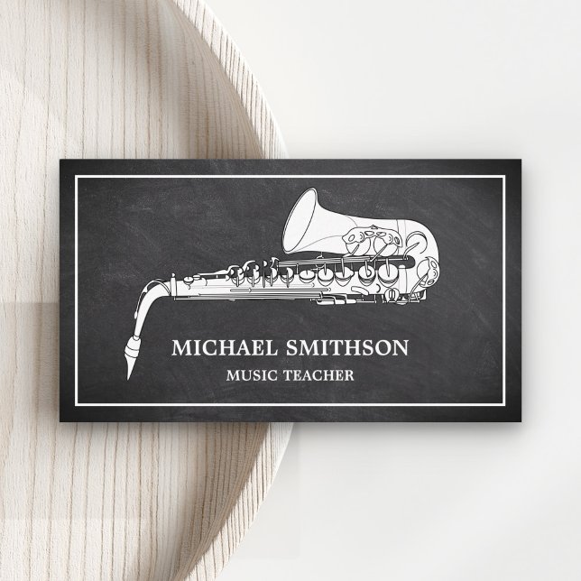 Black Chalkboard White Saxophone Music Teacher Visitenkarte (Von Creator hochgeladen)