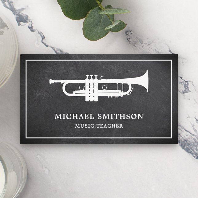 Black Chalkboard White Trumpet Music Teacher Visitenkarte (Von Creator hochgeladen)