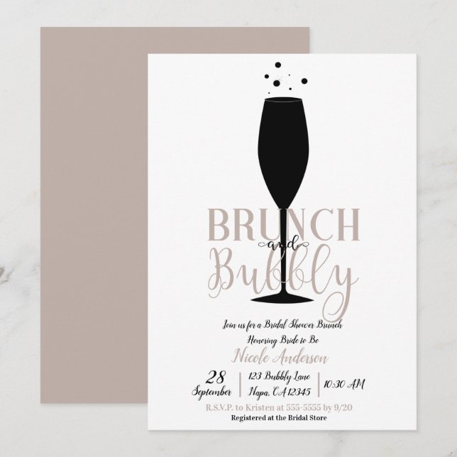 Black Champagne Glass Brunch Bubbly Bridal Brunch Einladung (Vorne/Hinten)