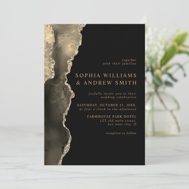 Black & Champagne Gold Hochzeit Einladung (Stehend Vorderseite)