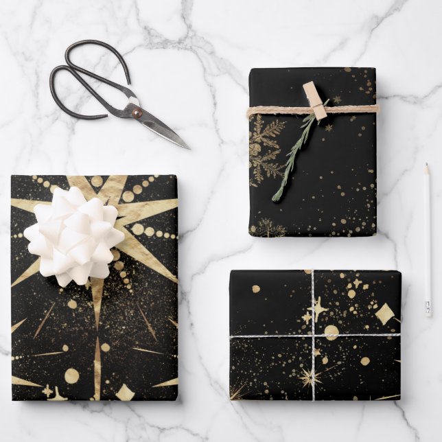 Black & Champagne Gold Sternexplosionen & Stardust Geschenkpapier Set (Vorderseite)