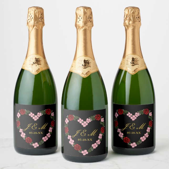 Black champagne label with a pink and red heart (Flaschen)