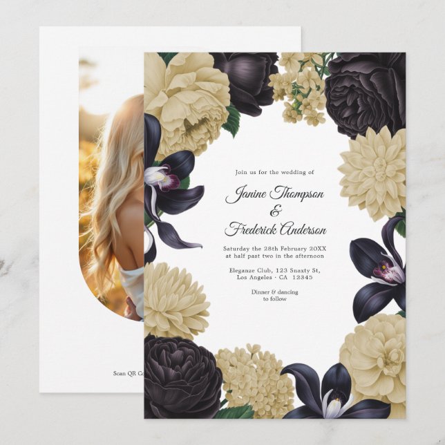Black & Champagne Photo/QR Code Floral Wedding Einladung (Vorne/Hinten)