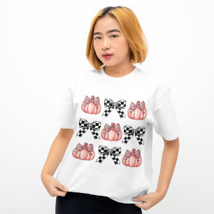 Black Checked Bow Coquette Pink Leopard Pumpkin T-Shirt