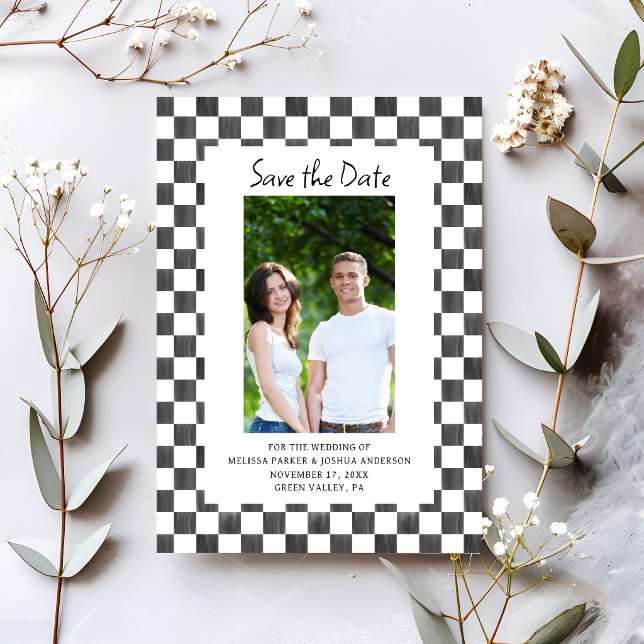 Black Checkerboard Photo Save the Date Einladung (Von Creator hochgeladen)