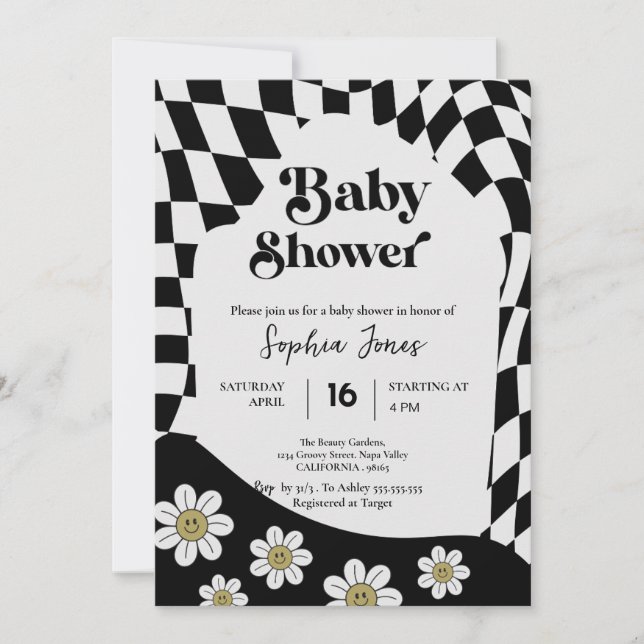 Black Checkered Girl | Gingham | 70er Babydusche I Einladung (Vorderseite)