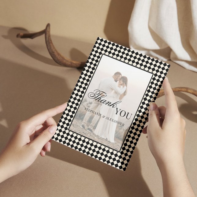 Black Checkered Old Money Photo Wedding Folded Dankeskarte (Von Creator hochgeladen)