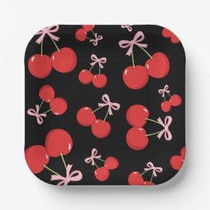 Black Cherries Pink Bow Coquette Geburtstagsparty Pappteller