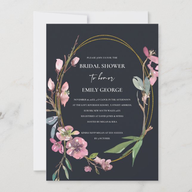 BLACK CHERRRY BLOSSOM FLORAL BRAUTPARTY INVITE DANKESKARTE (Vorderseite)
