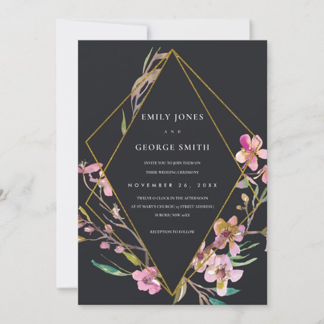 BLACK CHERRY BLOSSOM FLORAL FRAME WEDING INVITE DANKESKARTE (Vorderseite)