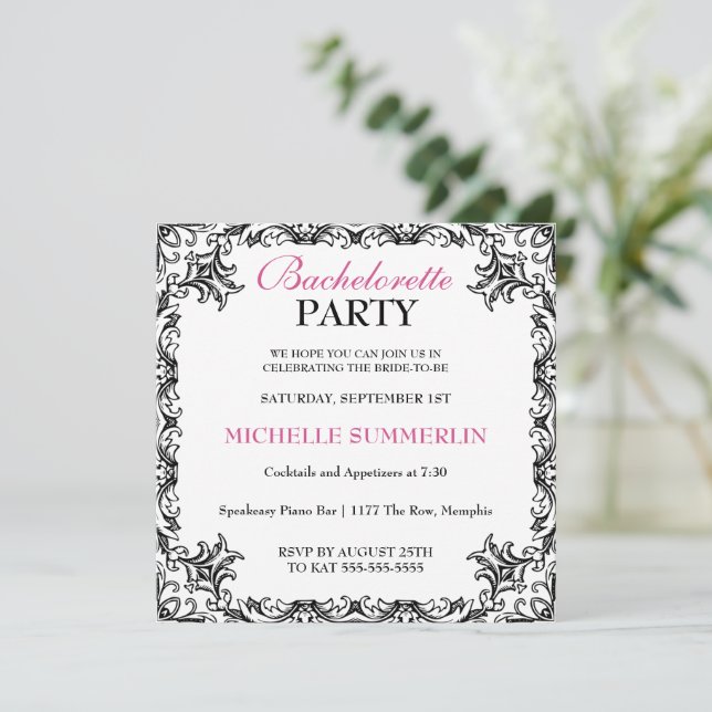 Black Chic Border Bachelorette Party Invitation (Debout devant)