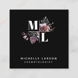Black Chic Square Floral Monogram Business Card Quadratische Visitenkarte