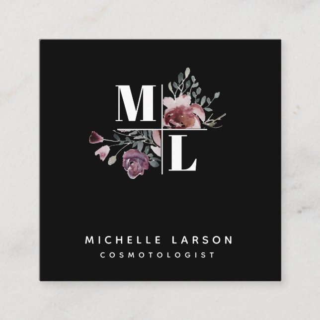 Black Chic Square Floral Monogram Business Card Quadratische Visitenkarte (Vorderseite)