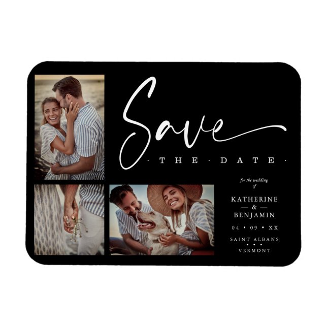 Black Chic Trendy Collage Wedding Covid19 3 Fotos Magnet (Horizontal)