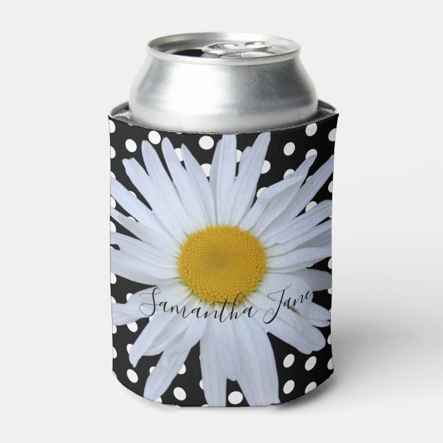 Black Chic White Polka Dots Daisy Custom Dosenkühler (Kanne Vorderseite)