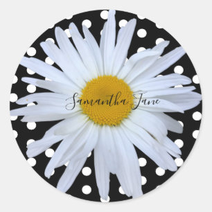 Black Chic White Polka Dots Daisy Custom Runder Aufkleber