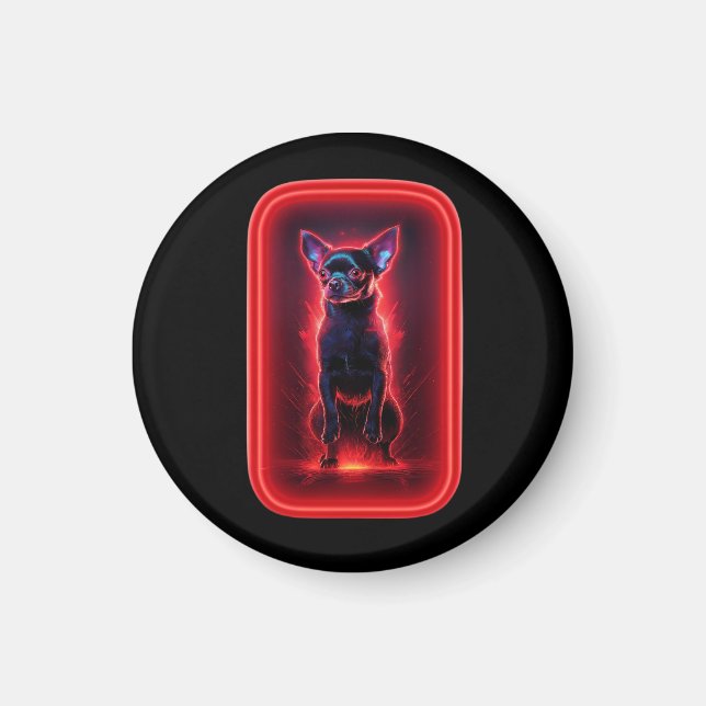 Black Chihuahua Dances Amidst Neon Red Light Magnet (Vorne)