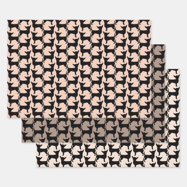 Black Chihuahua Silhouette Tiled Pattern Geschenkpapier Set (Set)