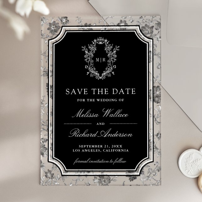 Black Chinoiserie Crest Wedding Save the Date Acryleinladungen (Von Creator hochgeladen)