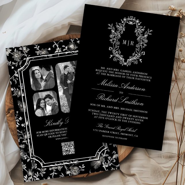 Black Chinoiserie Wappen QR Code Hochzeit Einladung (Von Creator hochgeladen)