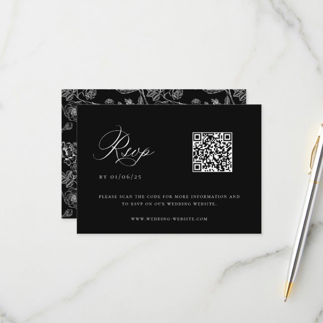 Black Chinoiserie Wedding QR Code RSVP Karte (Vorderseite/Rückseite Beispiel)