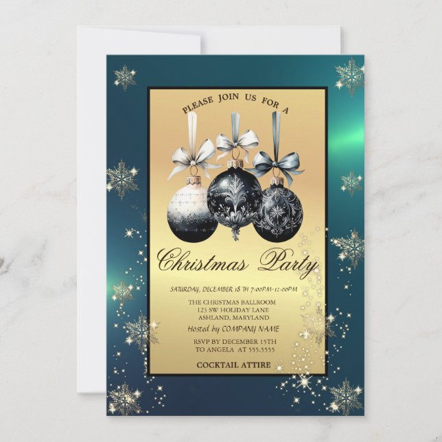 Black Christmas Balls Snowflakes Gold Party Einladung (Vorderseite)