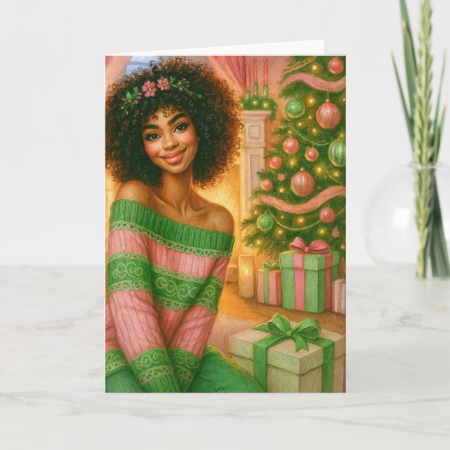 Black Christmas Card | Pink and Green Card Karte (Vorderseite)