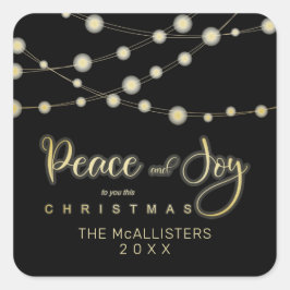 Black Christmas Light Peace & Joy Whimsical Script Quadratischer Aufkleber