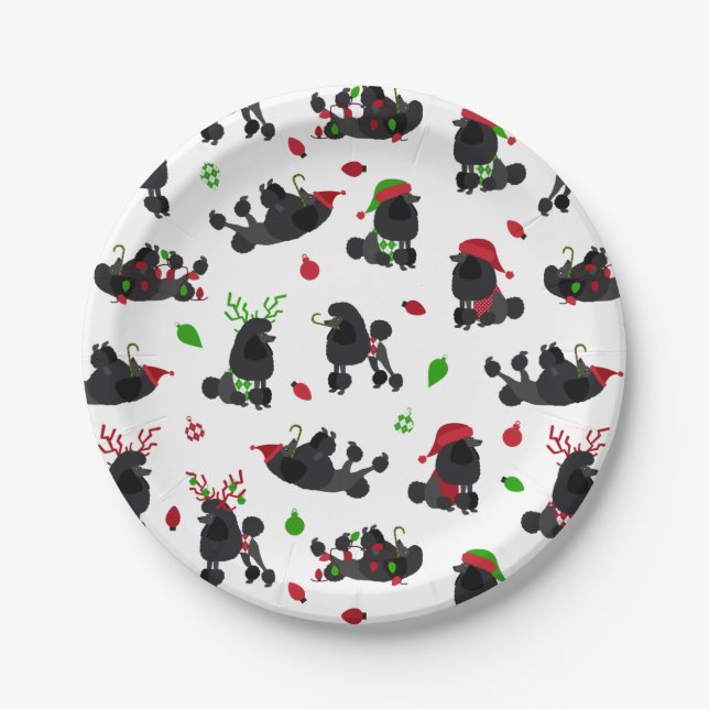 Black Christmas Poodles White Pappteller (Vorderseite)