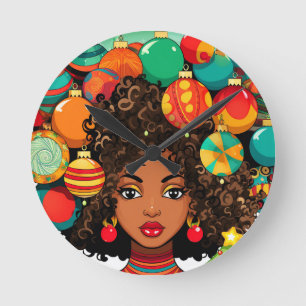 Black Christmas Sista Melanin Queen Women Xmas Runde Wanduhr