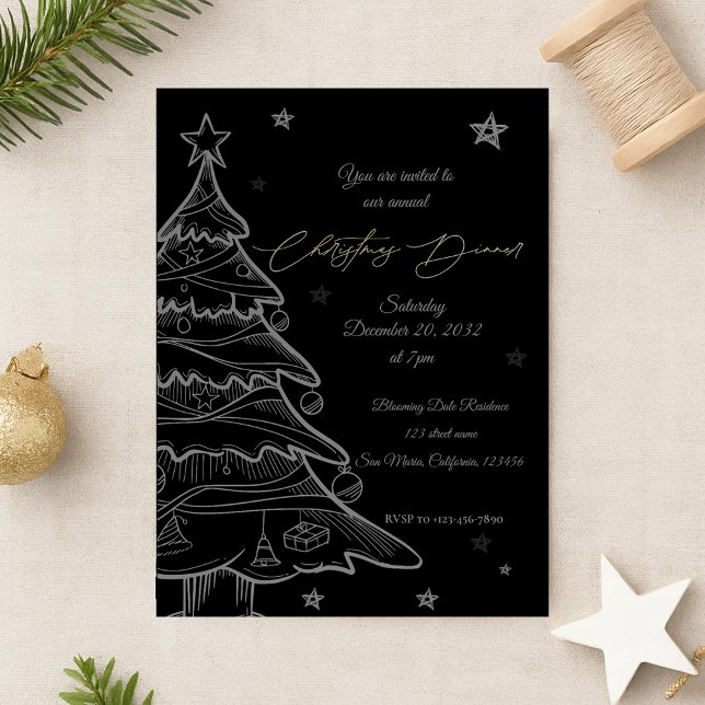 Black Christmas Tree Fête Invitation (Black Christmas Tree Holiday Party Invitation Postcard)