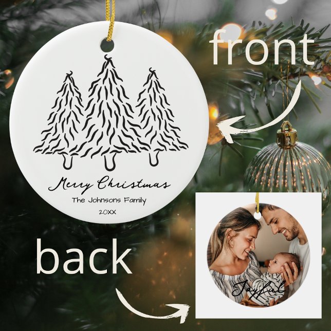 Black Christmas Trees Doodles 1 Photo Merry Joyful Keramik Ornament (Von Creator hochgeladen)